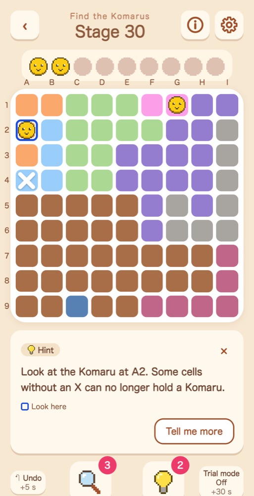 The bulb hint is open. The cells of the sky blue region are framed in blue, and the hint says “Look at the sky blue region.”