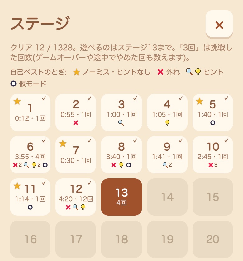ステージ一覧。クリアしたステージに、自己ベストの時間・挑戦した回数・使ったヒントの印が付いている